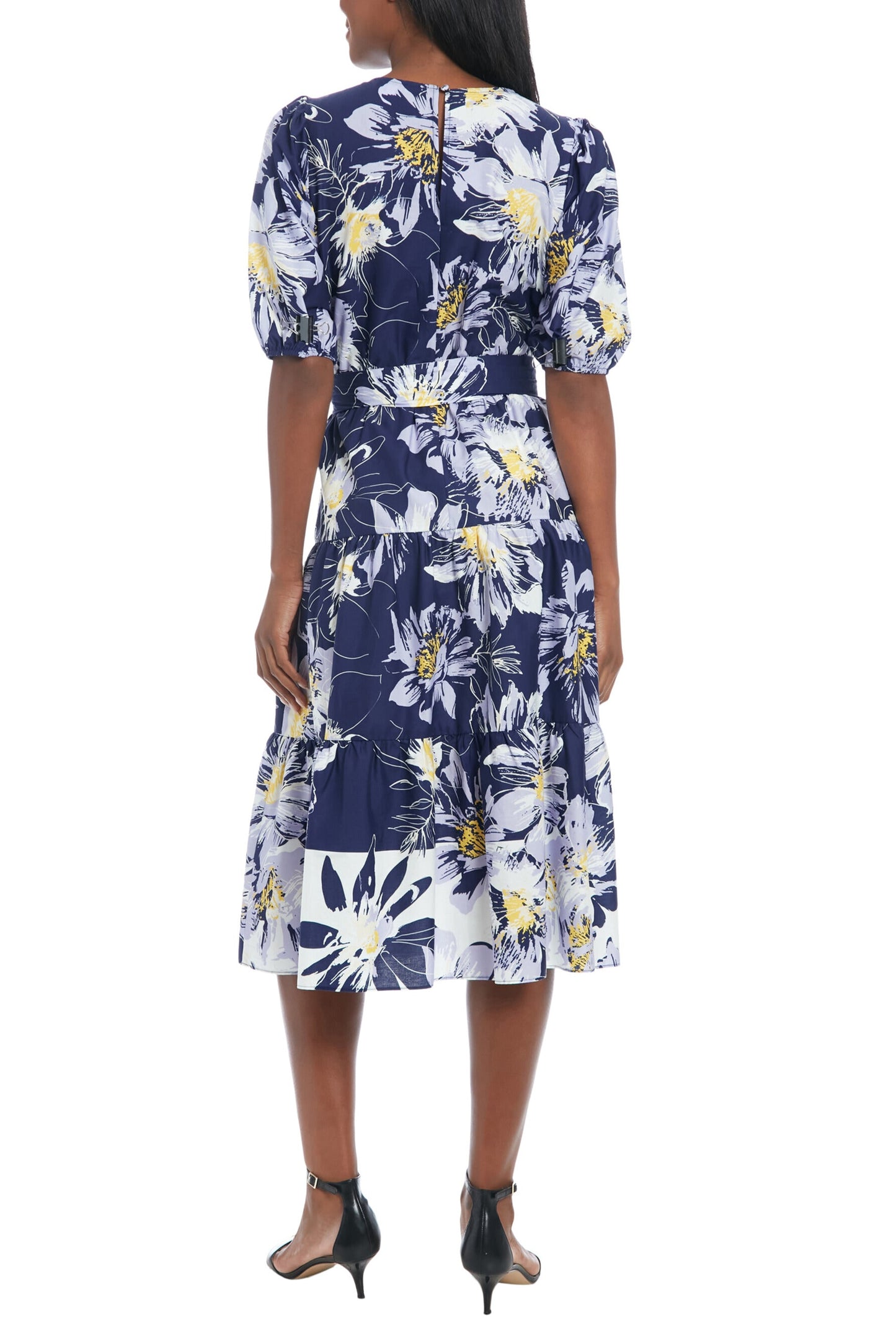 Cocktail Dresses Floral Printed Jewel Neckline Puff Sleeve Tie Waist Midi Dress Navy/Ivory