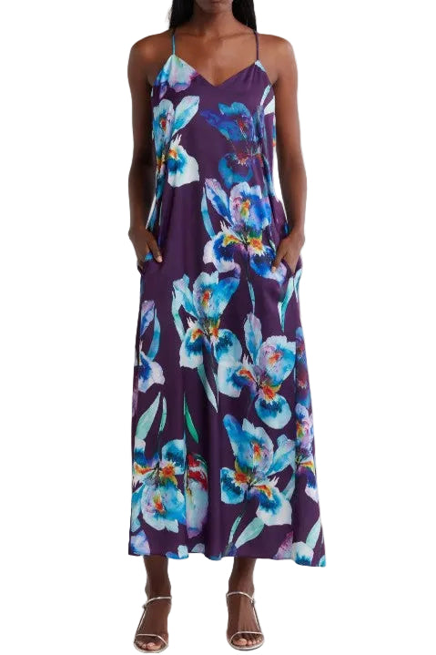 Plum V-Neck Tea-Length Satin Formal Floral Print Dress Connected Apparel TRF34756