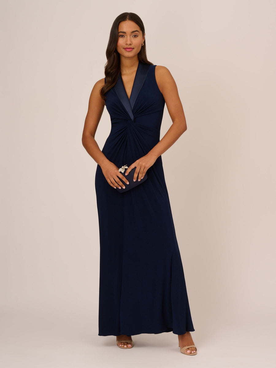 Midnight Adrianna Papell AP1E209882 V-Neck Floor-Length Jersey Formal Twist-Front Dress
