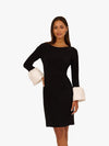 Black Bateau Knee-Length Crepe Cocktail Sheath Dress Contrast Cuff Sleeves Adrianna Papell AP1D106098