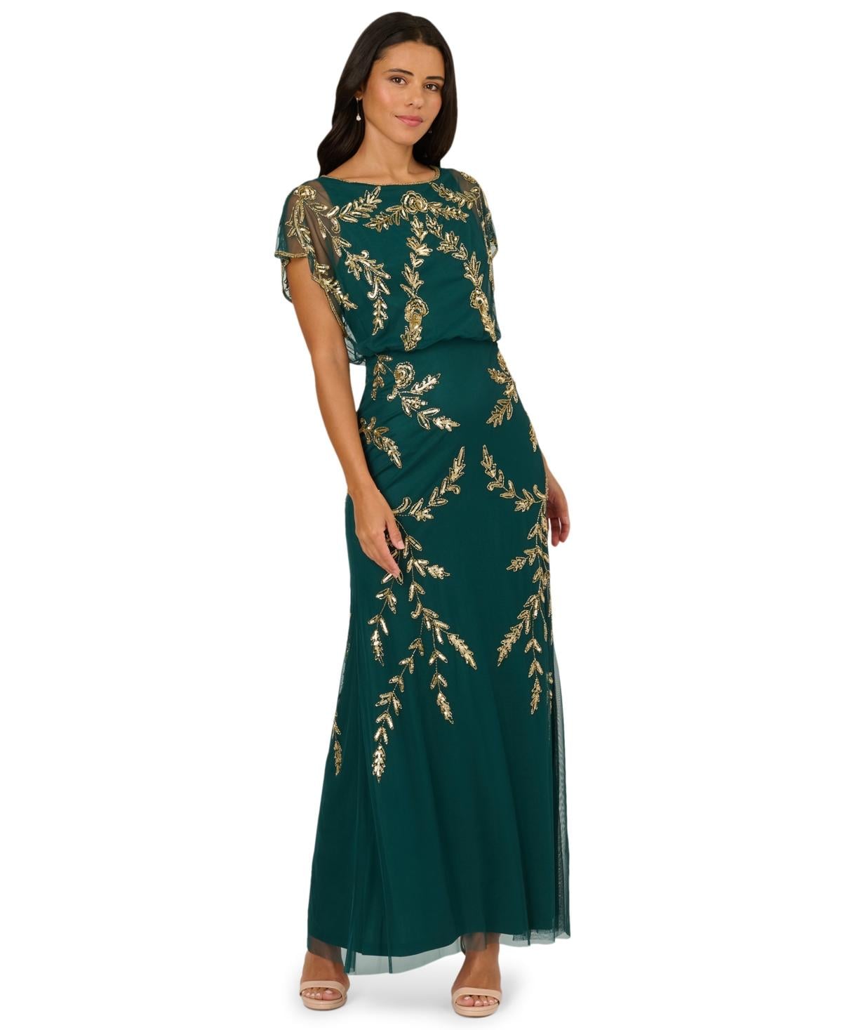 Adrianna Papell AP2E209917 Long Beaded Flutter Blouson Dress