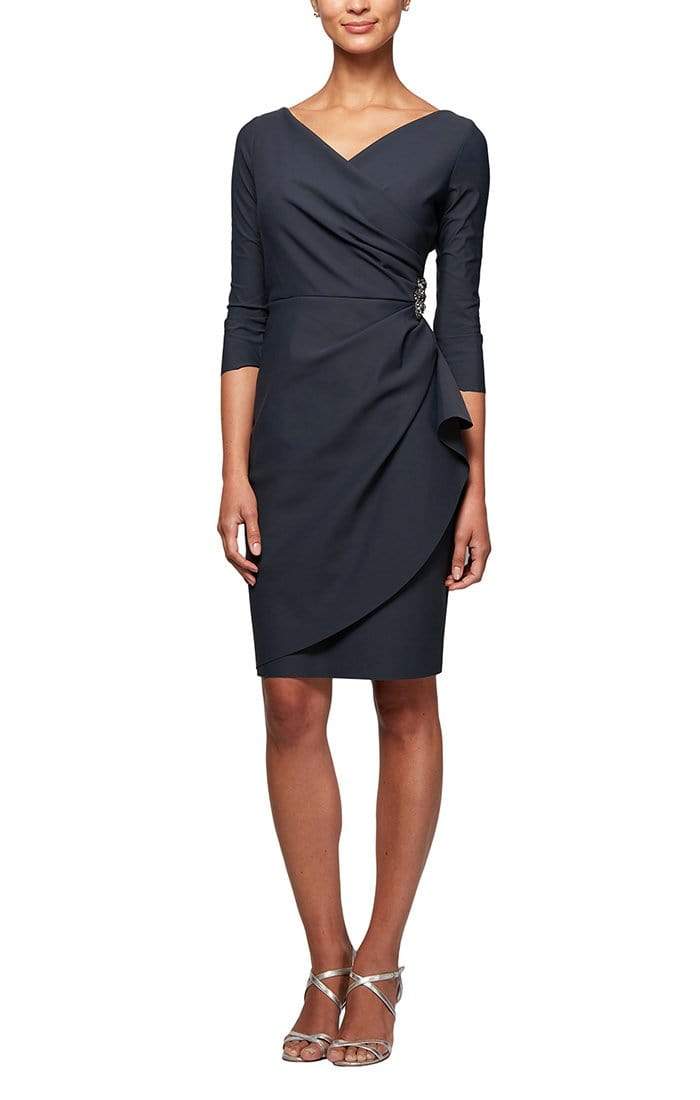 Charcoal Surplice Knee-Length Scuba Formal Cocktail Sheath Dress Side Brooch Alex Evenings 134134