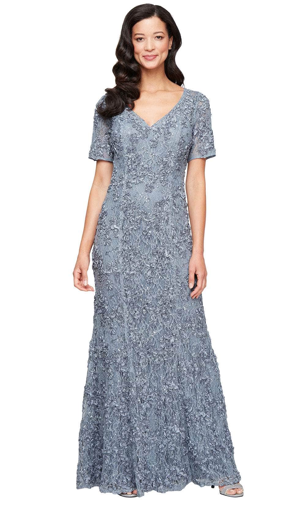 V-Neck Floor-Length 3D Floral Lace Formal Evening Gown Short Sleeves Alex Evenings 81122627 Wholesale
