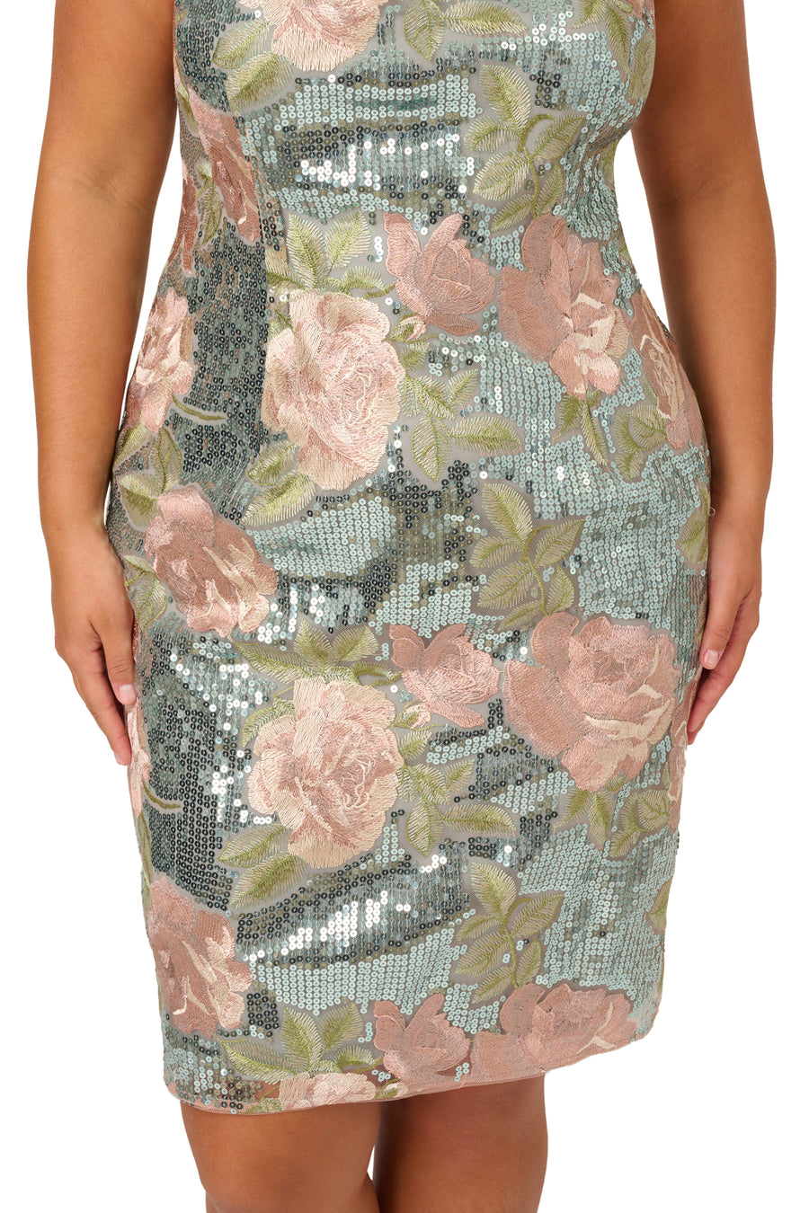 Sage Multi Adrianna Papell AP1E211823 Square Neck Knee-Length Sequin Cocktail Dress Floral