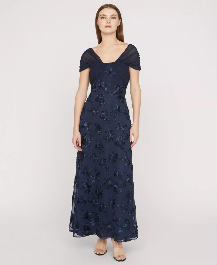 Draped Sleeve Floral Appliqué Ankle Gown JS Collections Wholesale