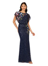Midnight Multi Crew Neck Floor-Length Sequin Formal Mermaid Gown Floral Embroidery and Flutter Sleeves Adrianna Papell AP1E211531