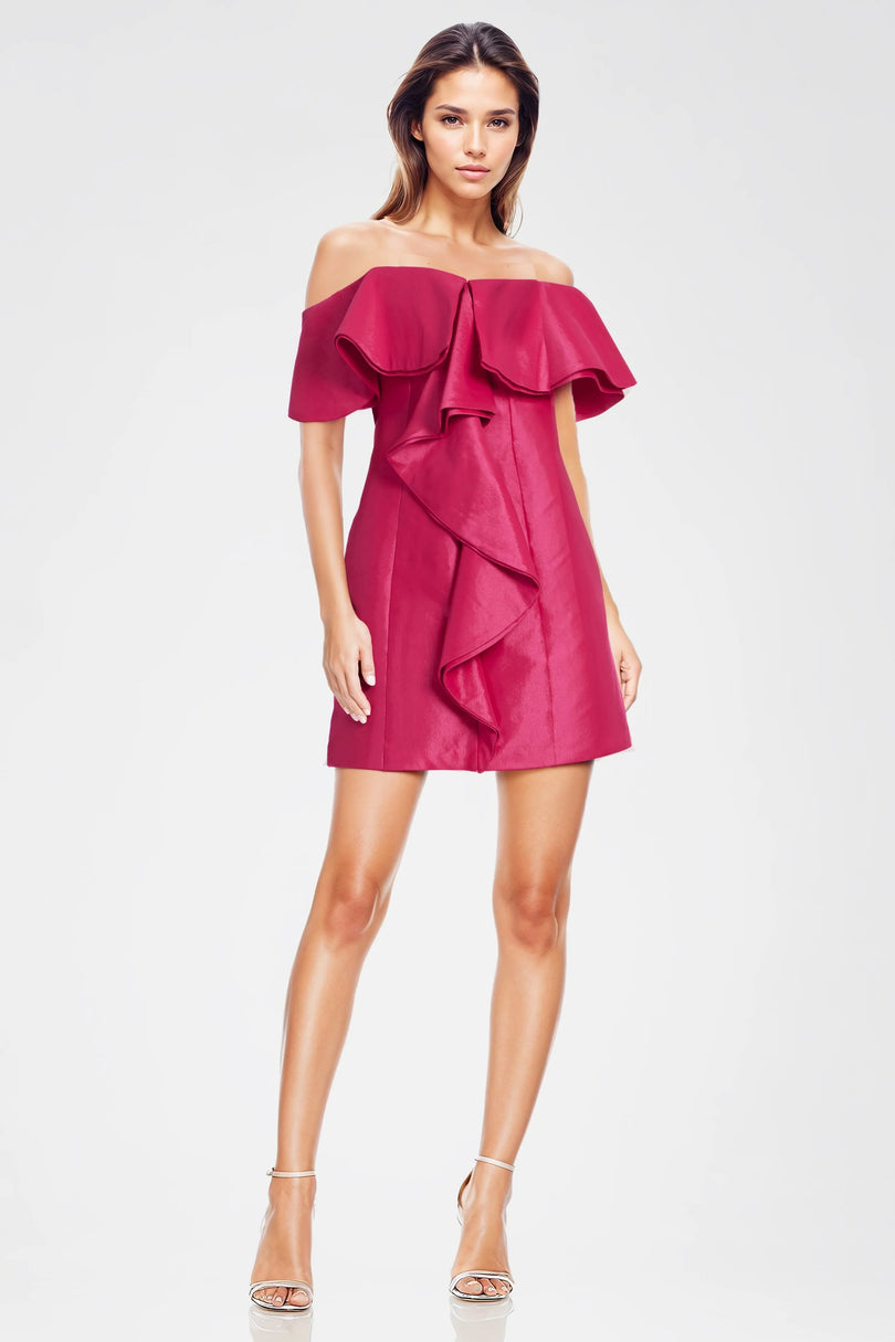 Hot Pink Off-Shoulder Mini Satin Cocktail Dress Ruffle Detail One 33 Social MC0113A