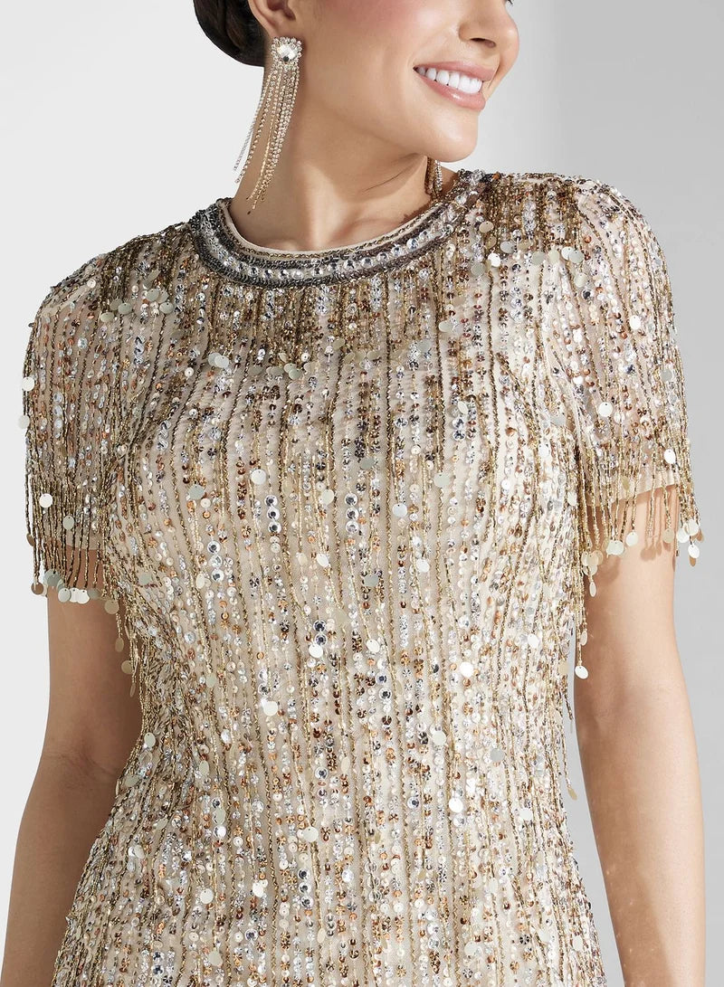 Plus Size Dresses Round Neck Sleeveless Sequin Midi Dress for Evening Wear Light