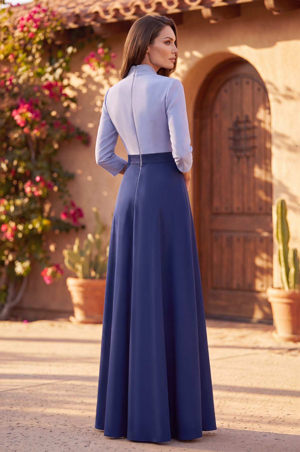 Long Sleeve Formal Two Tone Evening Pocket Dress Navy/Periwinkle Back view
