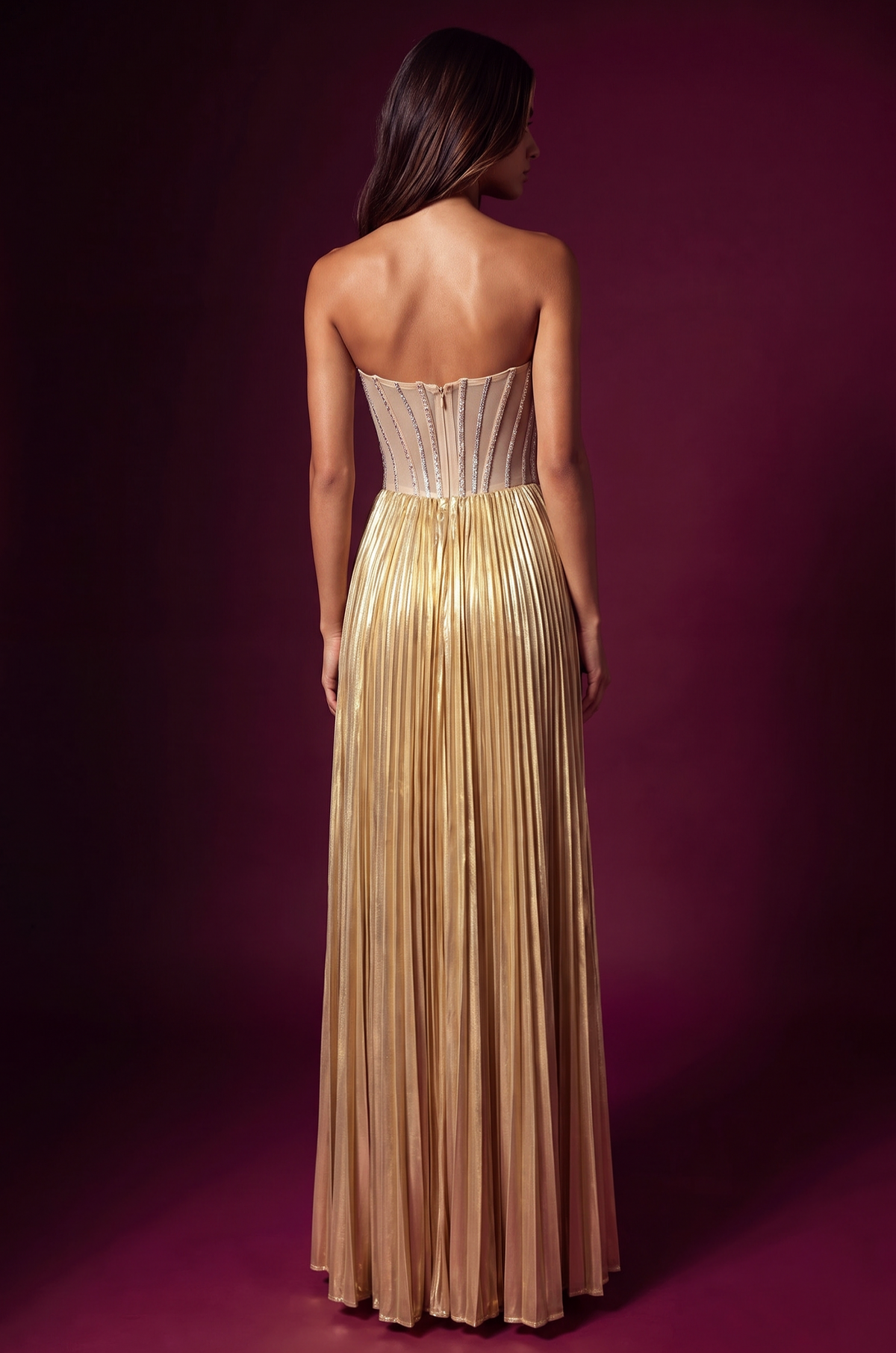 Strapless Beaded Bust Pleated Corset Formal Dress - Gold