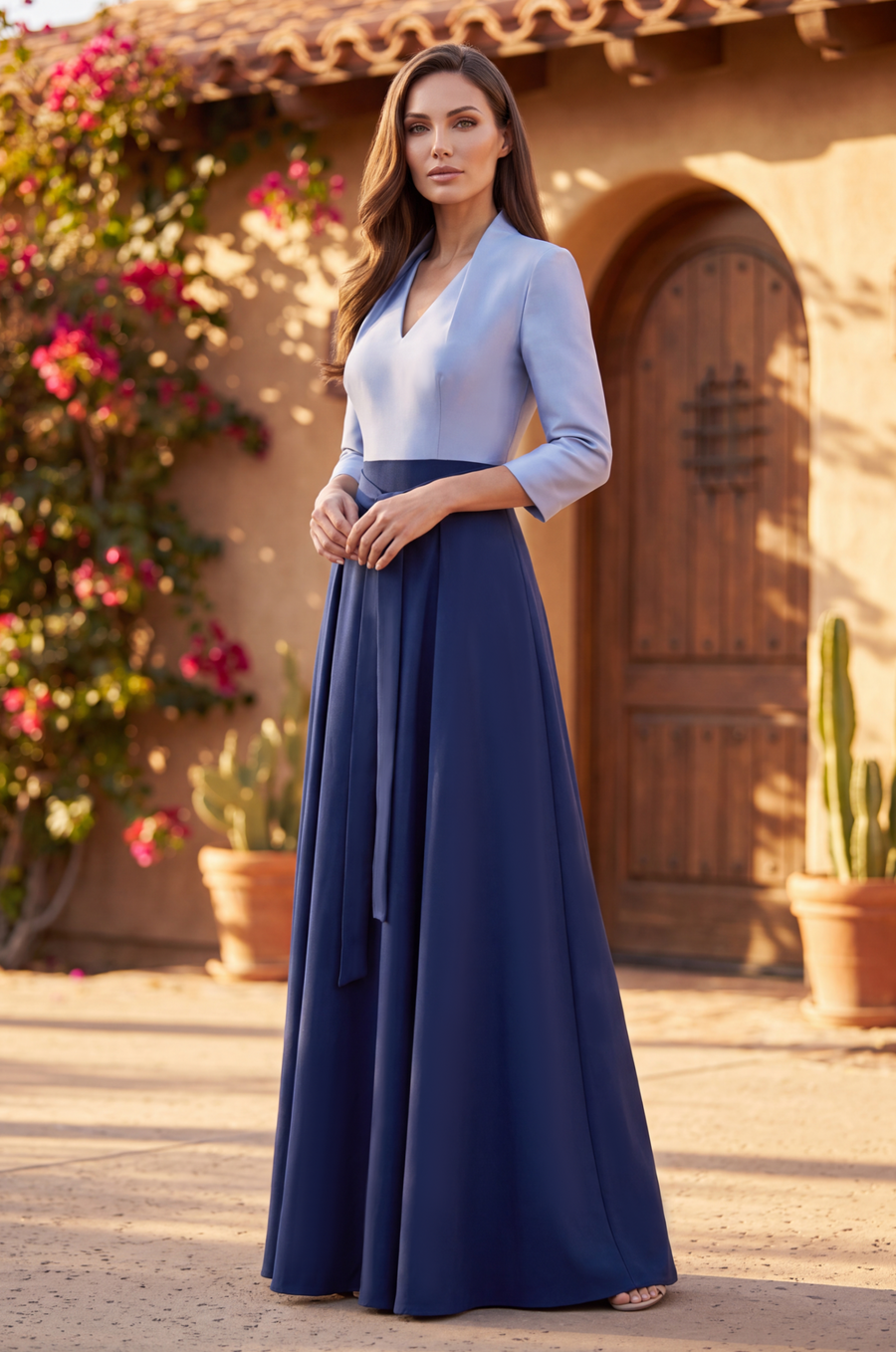 Long Sleeve Formal Two Tone Evening Pocket Dress Navy/Periwinkle Front view