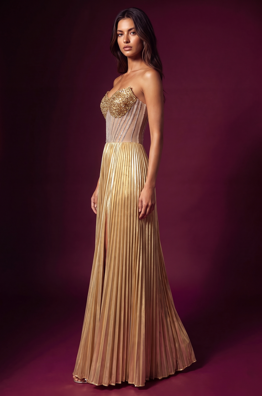 Strapless Beaded Bust Pleated Corset Formal Dress - Gold
