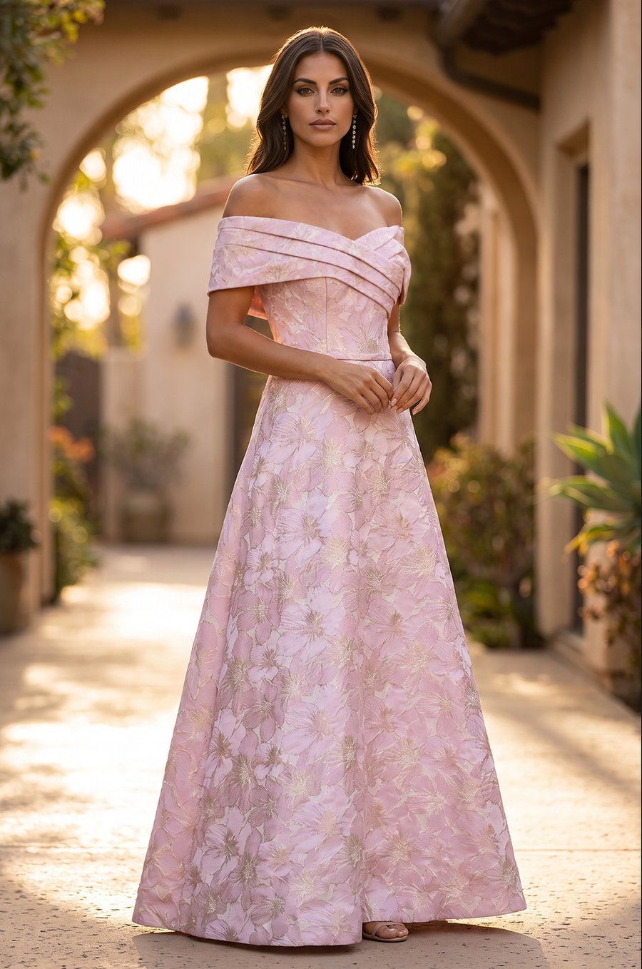 Pink floral jacquard off-shoulder A-line gown