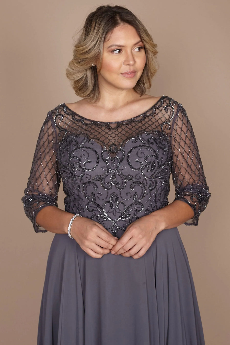 Long Sleeve Hand Beaded Mother of The Bride Dress Wholesale