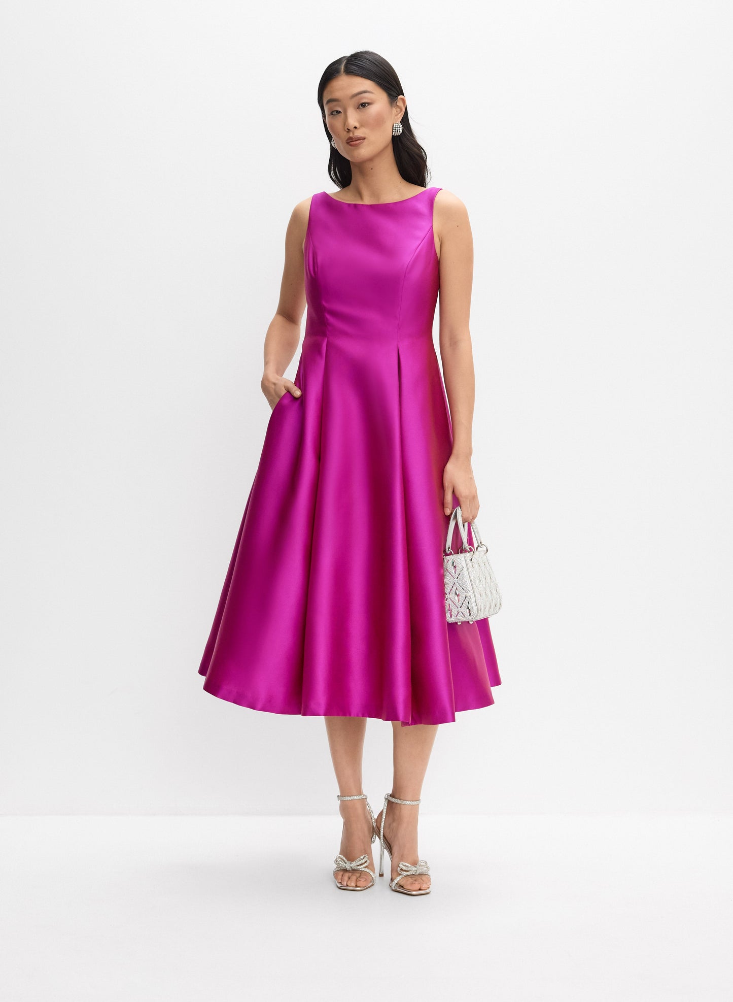 Sleeveless Mikado Fit And Flare Midi Dress With V Back