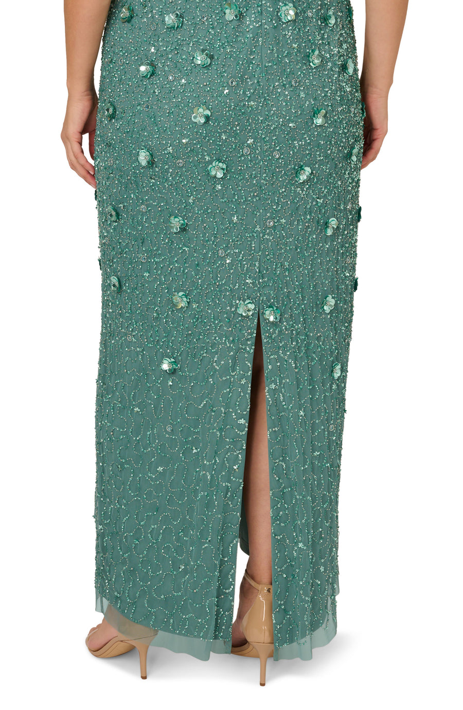 Green Slate Adrianna Papell AP1E209314 Scoop Floor-Length Mesh Formal Floral Sequin Gown