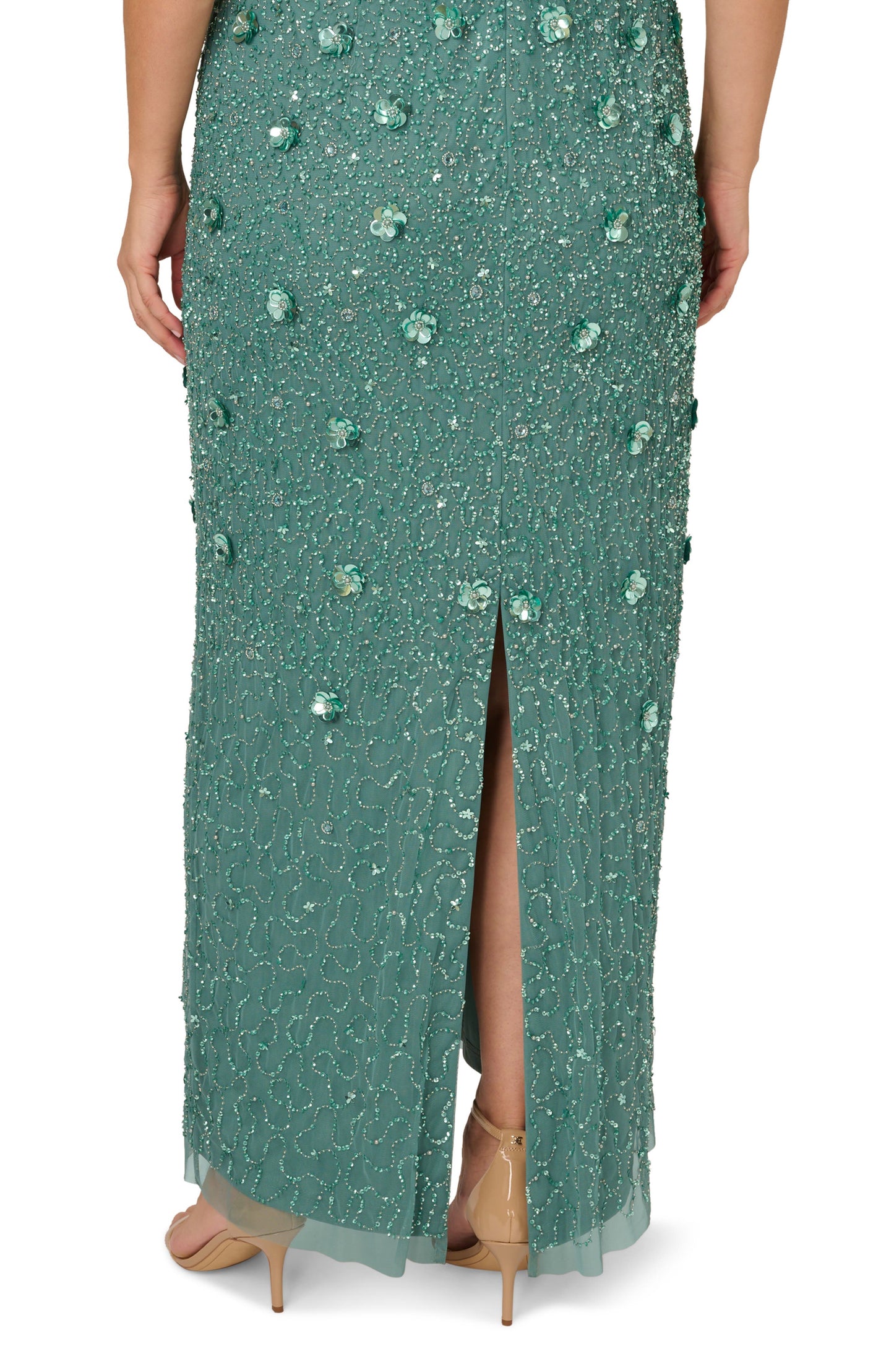 Green Slate Adrianna Papell AP1E209314 Scoop Floor-Length Mesh Formal Floral Sequin Gown