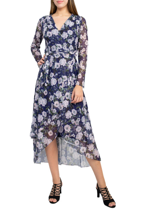 Cocktail Dresses Long Sleeve Floral Print Cocktail Tea Length Dress Blue Multi