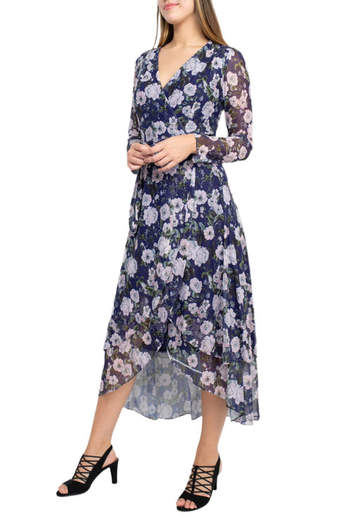 Cocktail Dresses Long Sleeve Floral Print Cocktail Tea Length Dress Blue Multi