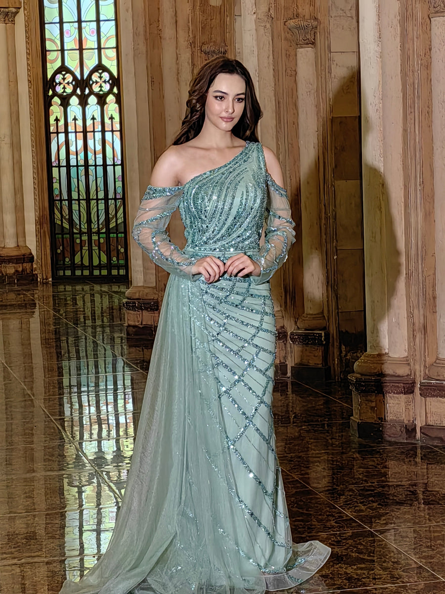 Long Couture Long Sleeve Hand Beaded Formal Dress Wholesale