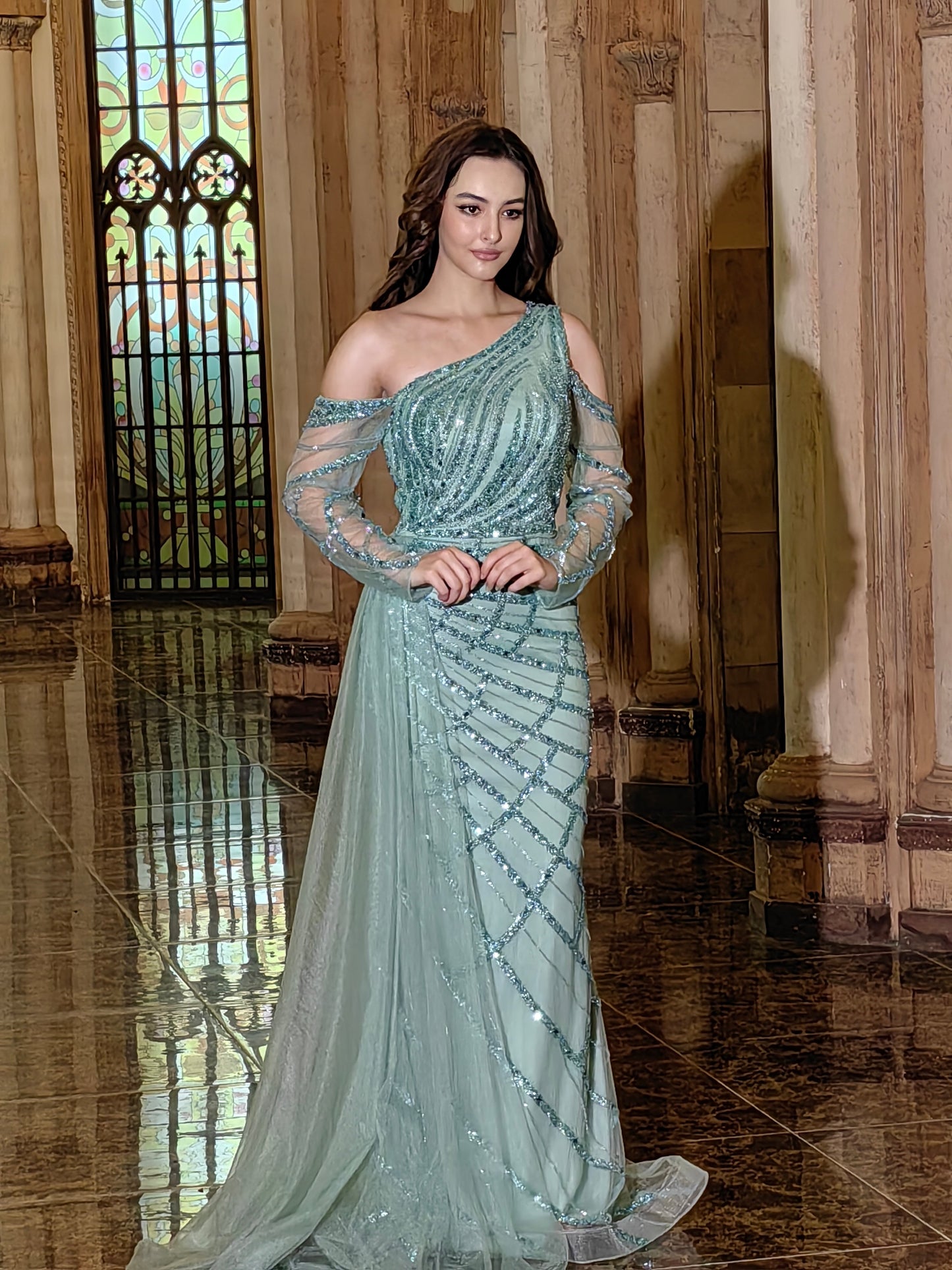 Long Couture Long Sleeve Hand Beaded Formal Dress Wholesale