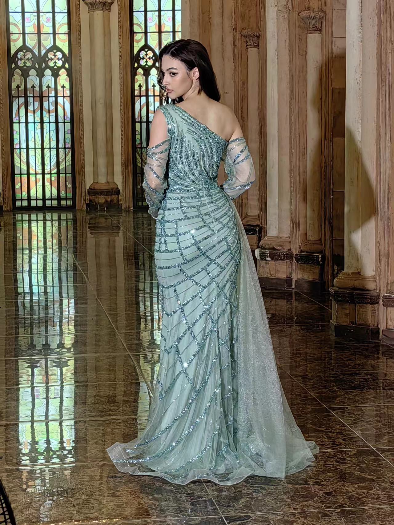 Long Couture Long Sleeve Hand Beaded Formal Dress Wholesale