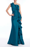 Peacock One-Shoulder Floor-Length Satin Formal Gown with Cascading Ruffles Badgley Mishka EG4554