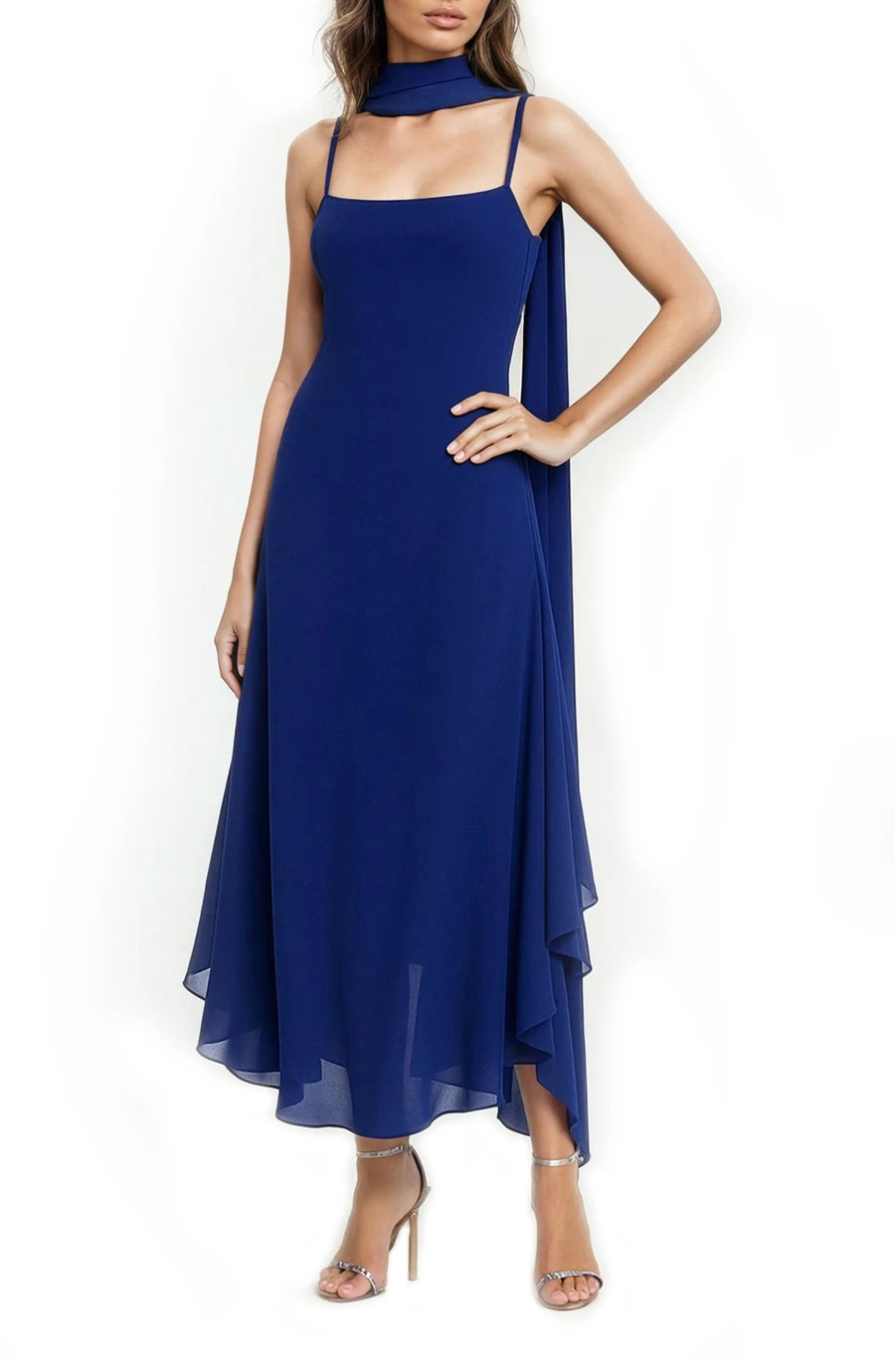 Navy Square-Neck Midi Chiffon Cocktail High-Low Dress Jewel Badgley Mischka J0543