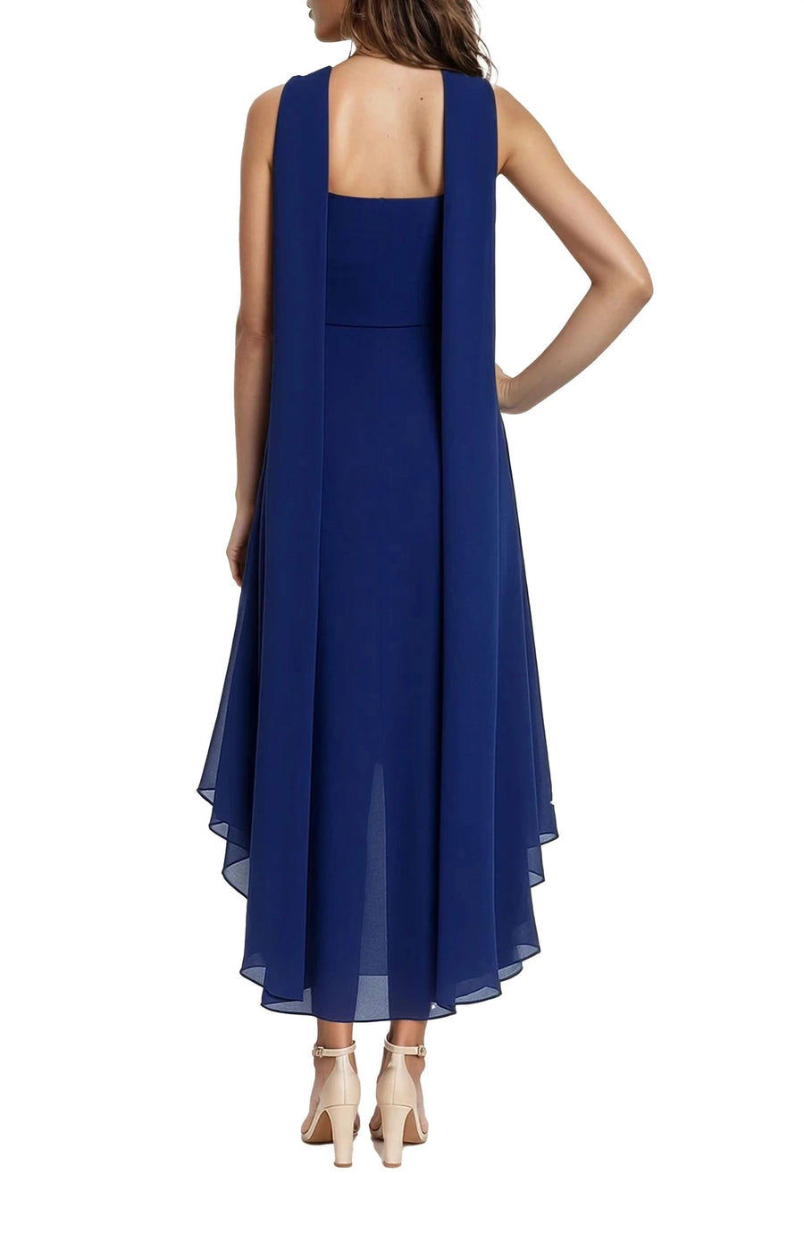 Navy Square-Neck Midi Chiffon Cocktail High-Low Dress Jewel Badgley Mischka J0543