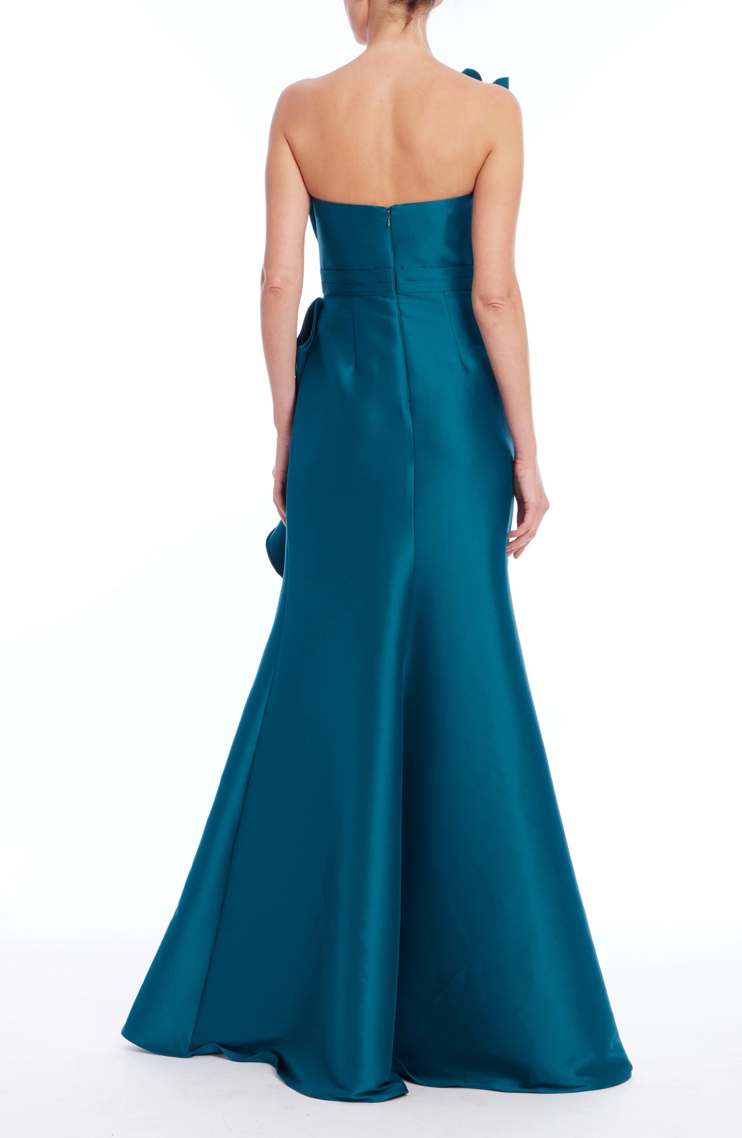 Peacock One-Shoulder Floor-Length Satin Formal Gown with Cascading Ruffles Badgley Mishka EG4554