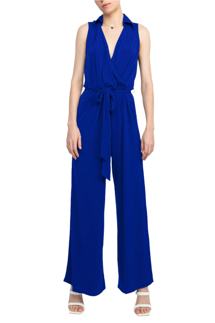 Jumpsuit  Long Formal Collared Tie Waist Jumpsuit Cobalt