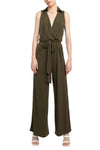 Jumpsuit  Long Formal Collared Tie Waist Jumpsuit Dark Olive