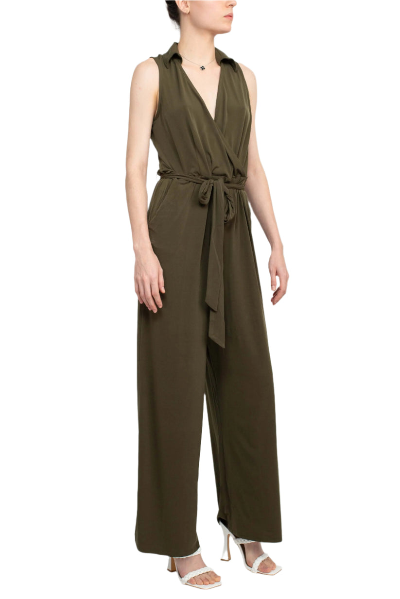 Jumpsuit  Long Formal Collared Tie Waist Jumpsuit Dark Olive