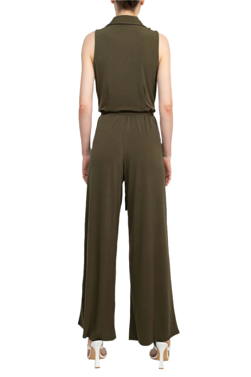 Jumpsuit  Long Formal Collared Tie Waist Jumpsuit Dark Olive