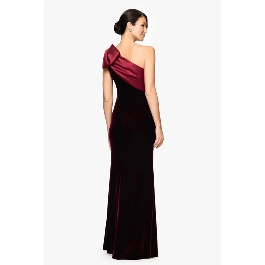 Burgundy Betsy & Adam A26732Z One-Shoulder Floor-Length Velvet Formal Bow Dress