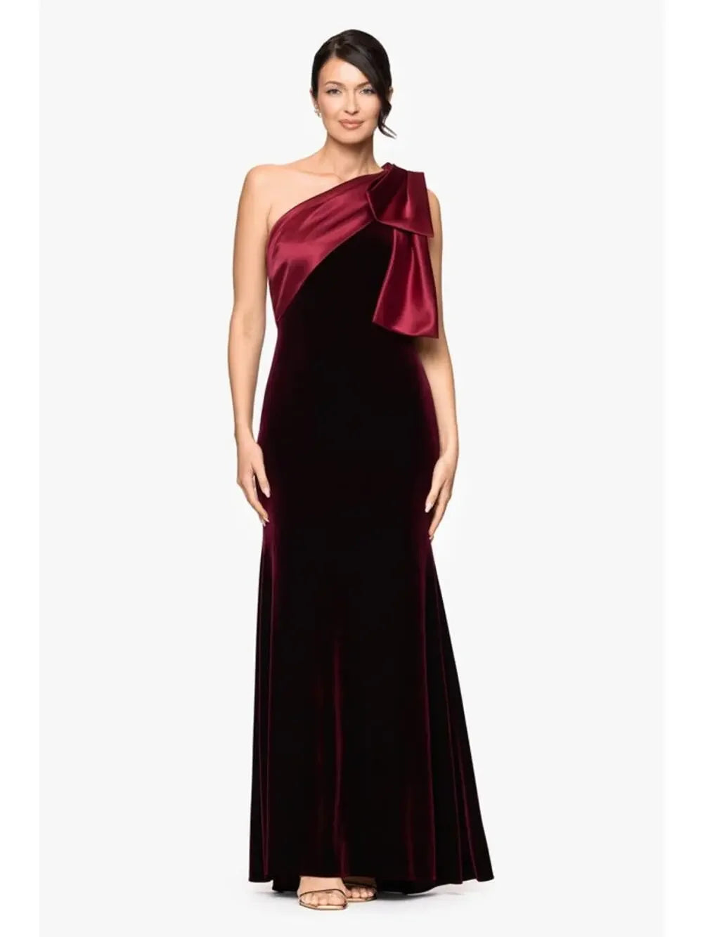 Burgundy Betsy & Adam A26732Z One-Shoulder Floor-Length Velvet Formal Bow Dress