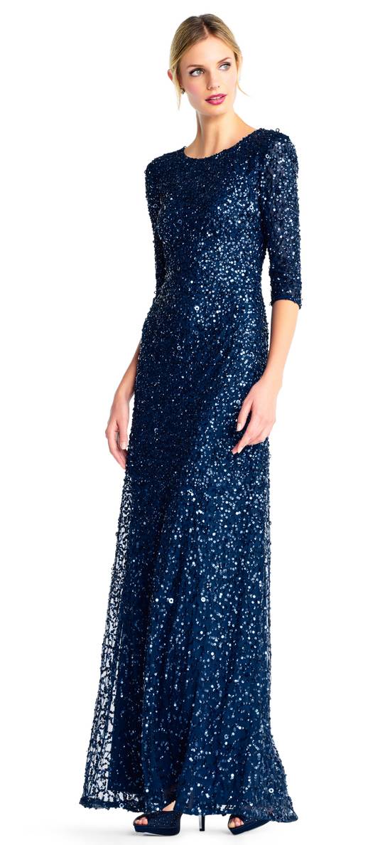 Scoop Neck Floor-Length Sequined Evening Gown with Quarter-Length Sleeves Formal Dress Adrianna Papell 91919970