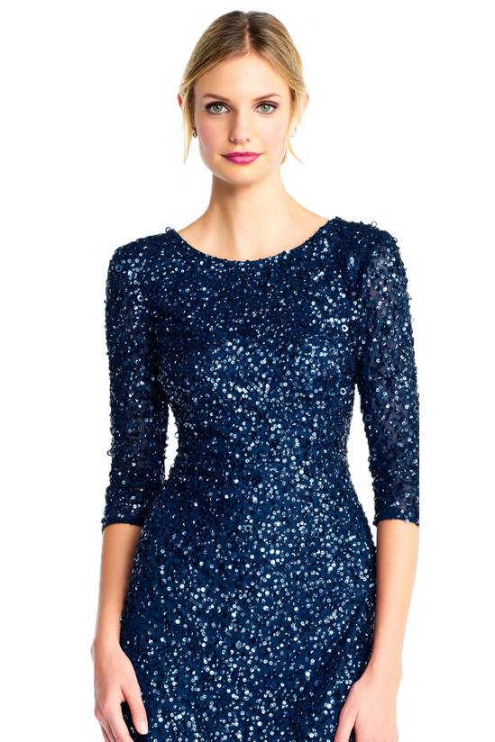 Scoop Neck Floor-Length Sequined Evening Gown with Quarter-Length Sleeves Formal Dress Adrianna Papell 91919970