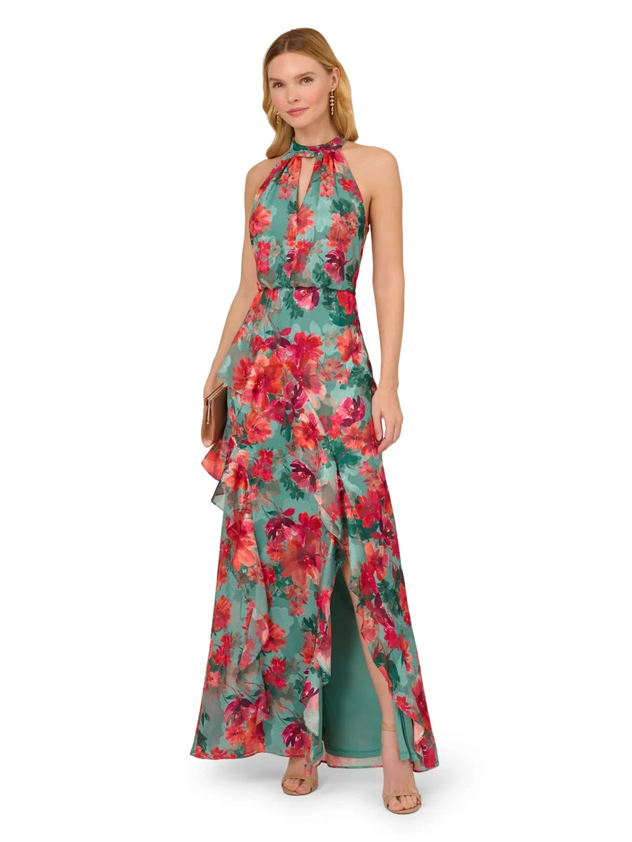 Turquoise Multi Adrianna Papell AP1E211060 Halter Floor-Length Chiffon Formal Dress High Slit
