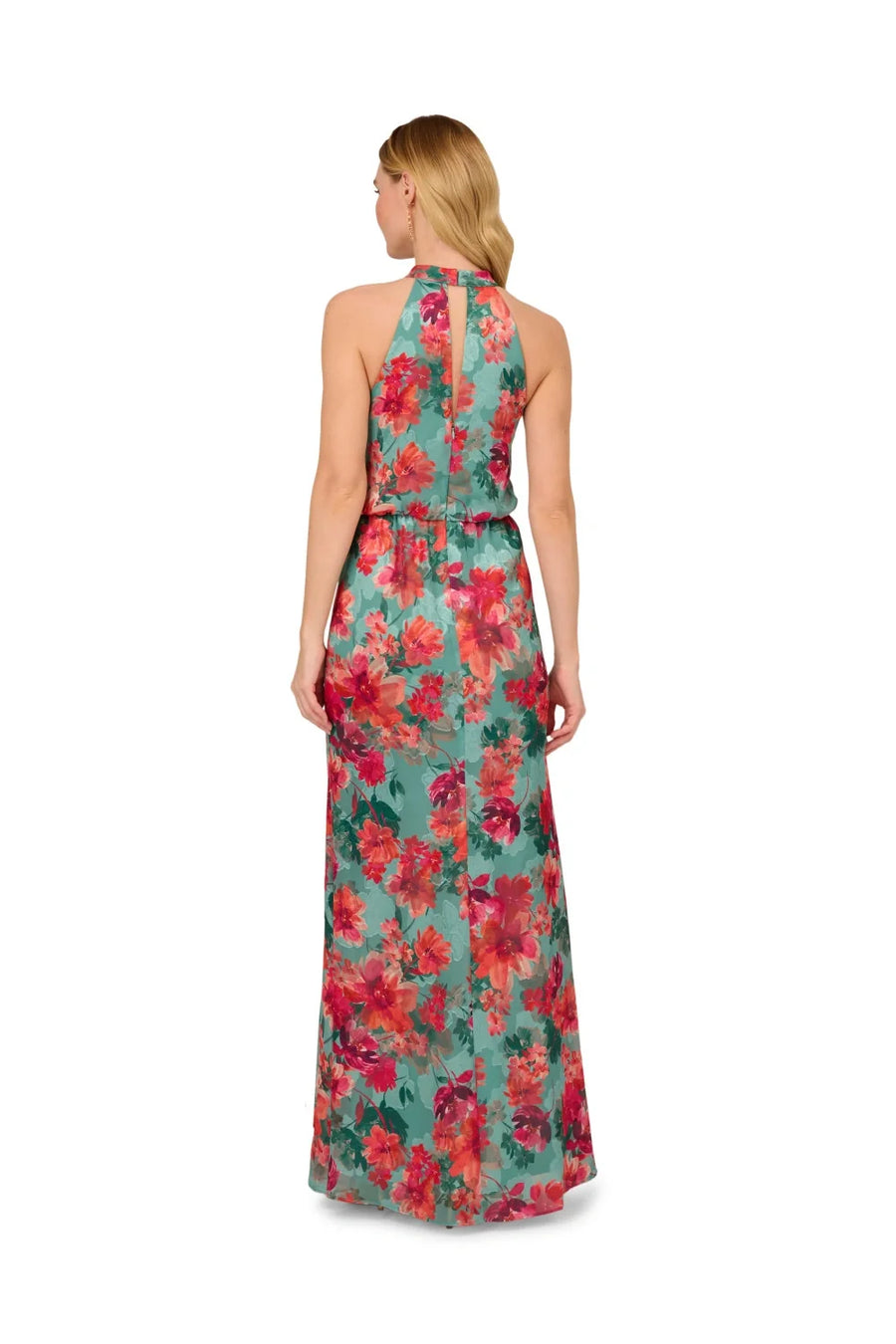 Turquoise Multi Adrianna Papell AP1E211060 Halter Floor-Length Chiffon Formal Dress High Slit
