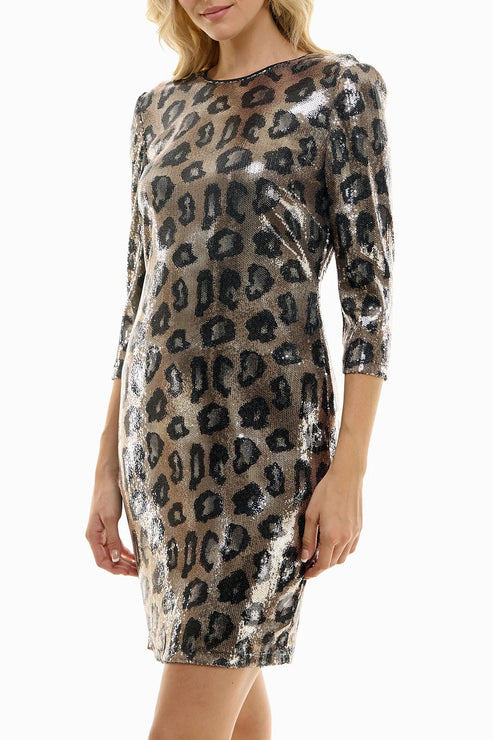 Cocktail Dresses Short Fitted Printed Sequin Cocktail Dress Leopard Brown
