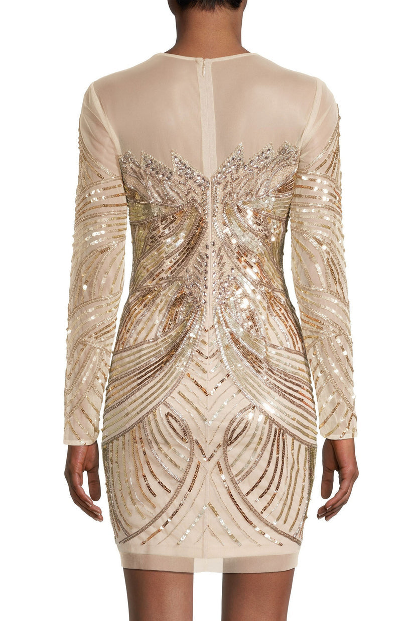 Cocktail Dresses Short Fitted Long Sleeve Sequin Cocktail Dress Light Gold