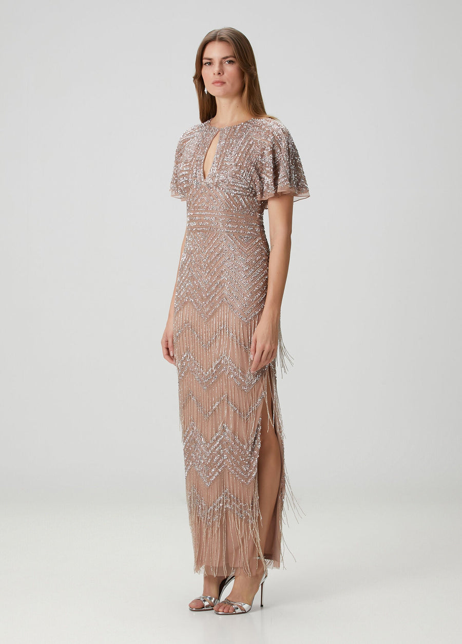 Rose Gold Adrianna Papell MD1E204761 Jewel Floor-Length Mesh Formal Dress Beaded