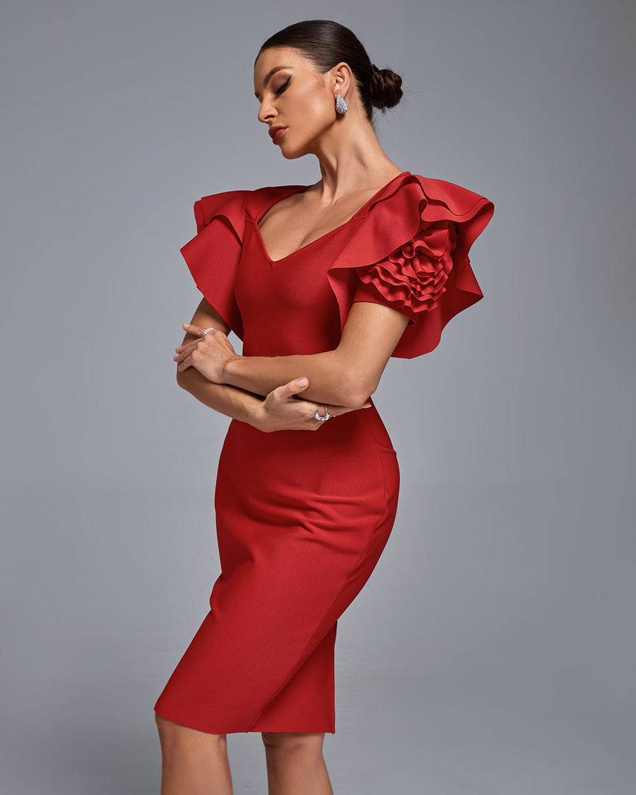 Red Square Neck Knee-Length Scuba Cocktail Sheath Dress Ruffle Sleeves and Floral Detail Badgley Mischka BSD5041