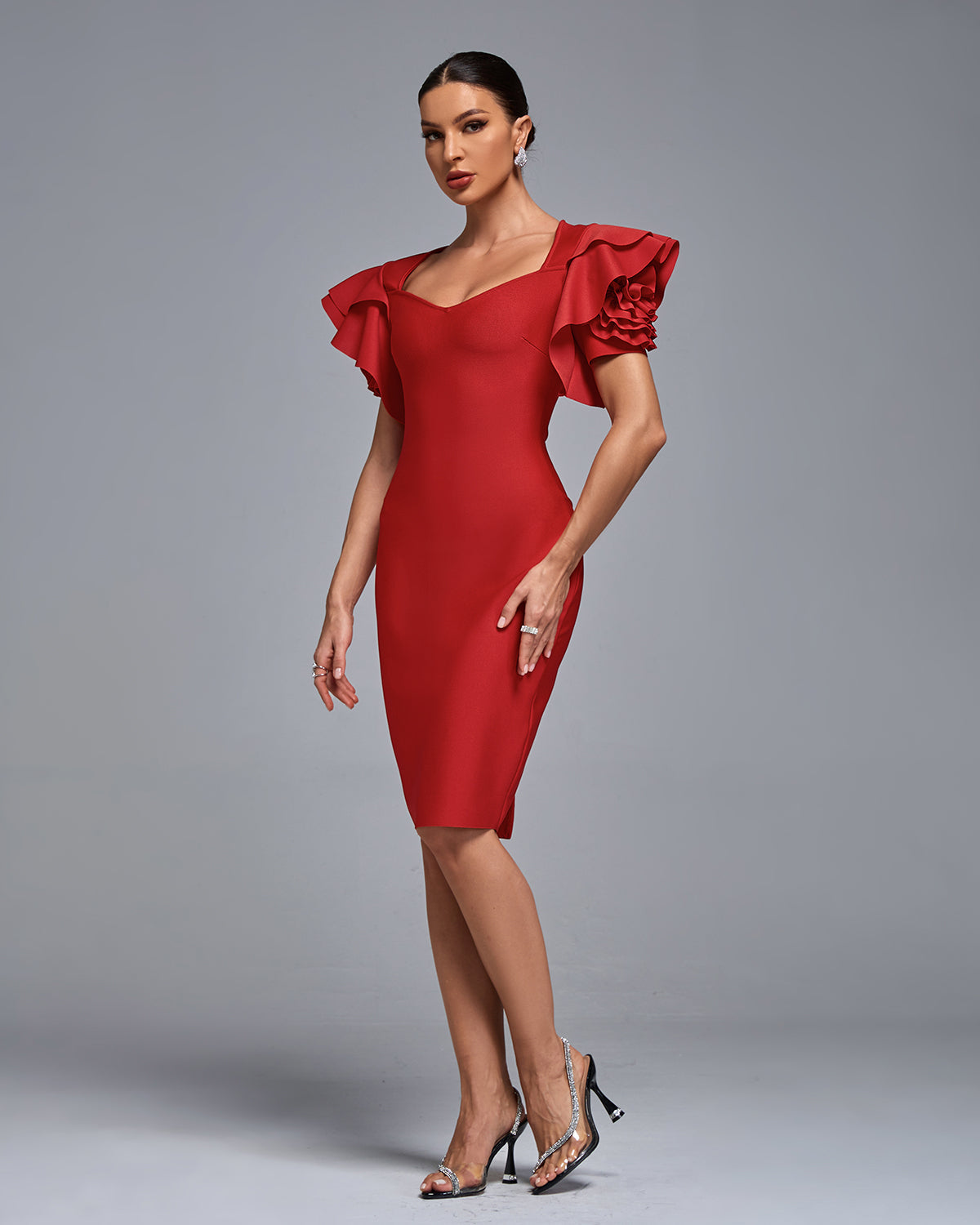 Red Square Neck Knee-Length Scuba Cocktail Sheath Dress Ruffle Sleeves and Floral Detail Badgley Mischka BSD5041