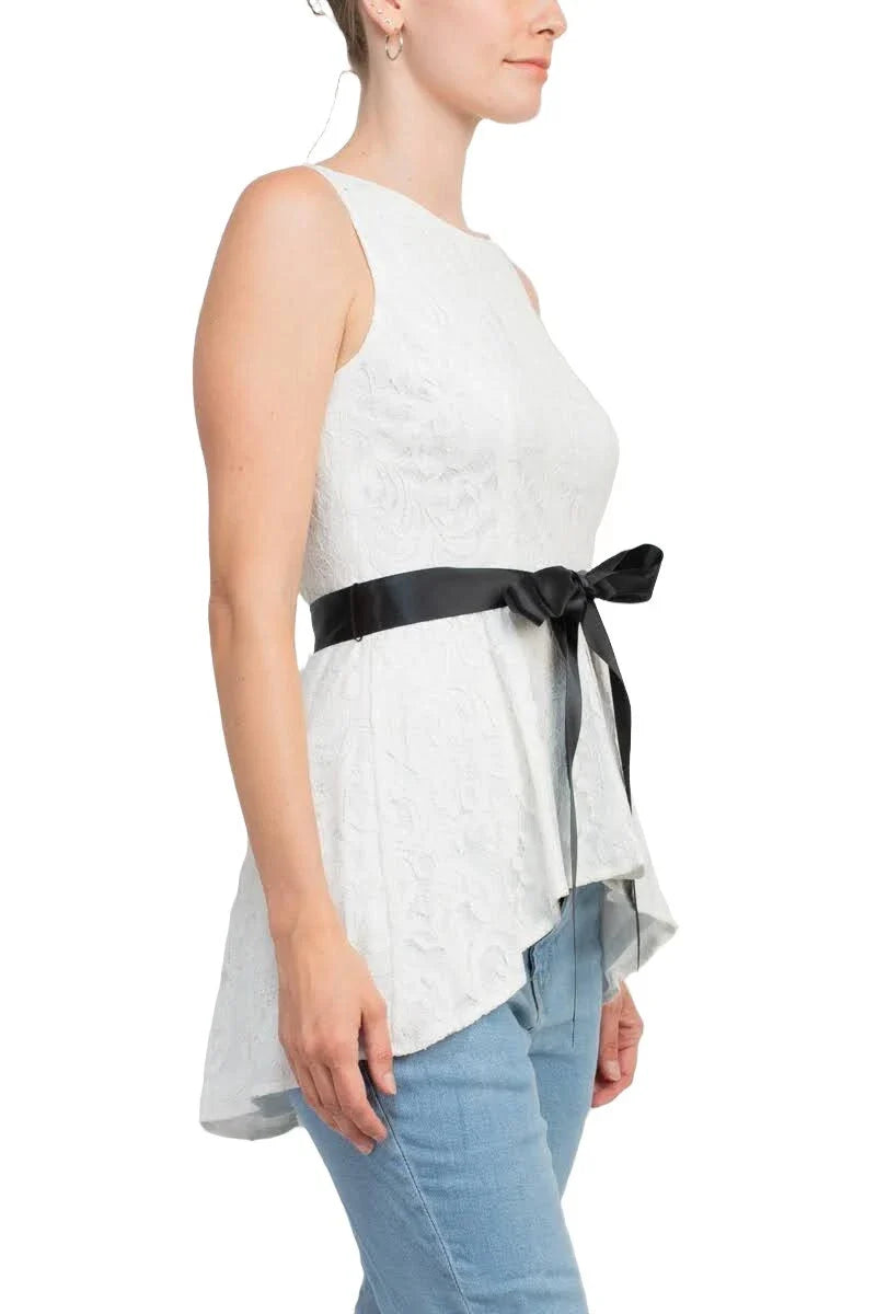 Formal Dresses Boat Neck Sleeveless Tie Waist High-Low Hem Lace Top IVORY BLACK