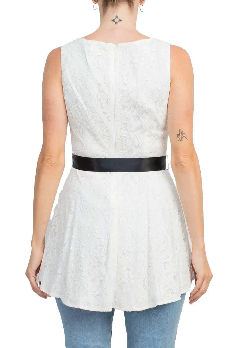 Formal Dresses Boat Neck Sleeveless Tie Waist High-Low Hem Lace Top IVORY BLACK