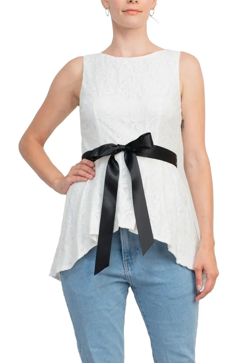 Formal Dresses Boat Neck Sleeveless Tie Waist High-Low Hem Lace Top IVORY BLACK