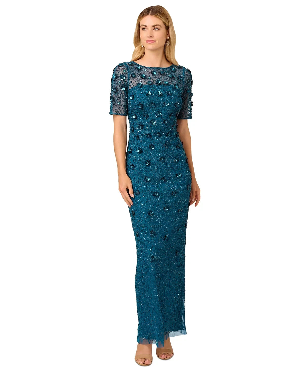 Teal Sapphire Adrianna Papell AP1E209314 Crew Neck Long Mesh Beaded Applique Formal Dress