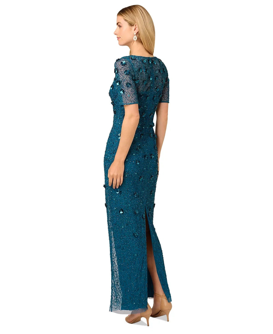 Teal Sapphire Adrianna Papell AP1E209314 Crew Neck Long Mesh Beaded Applique Formal Dress